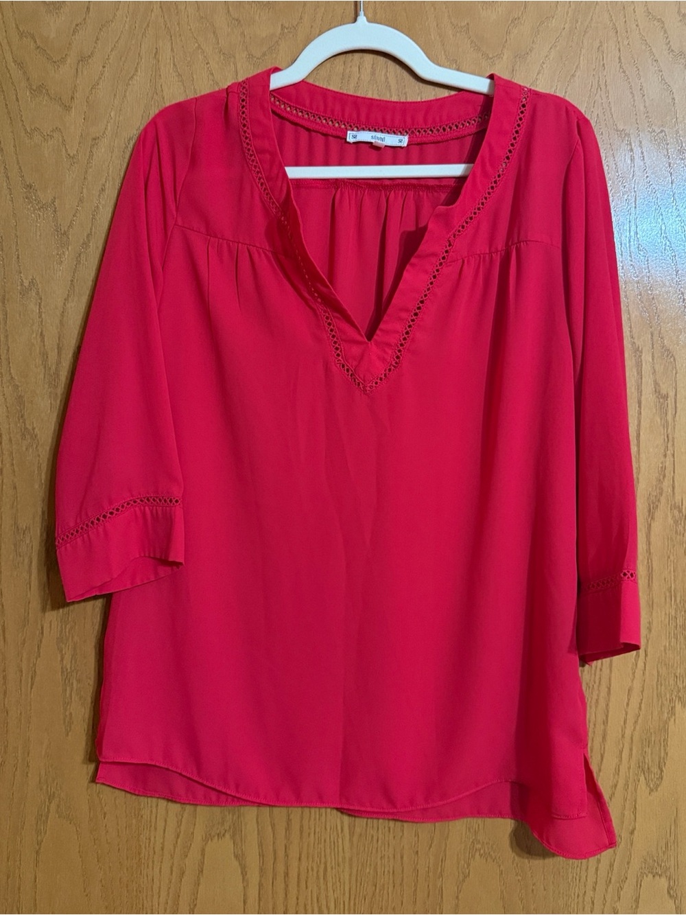Women’s Red V-Neck Crochet Trim Blouse, size Medium